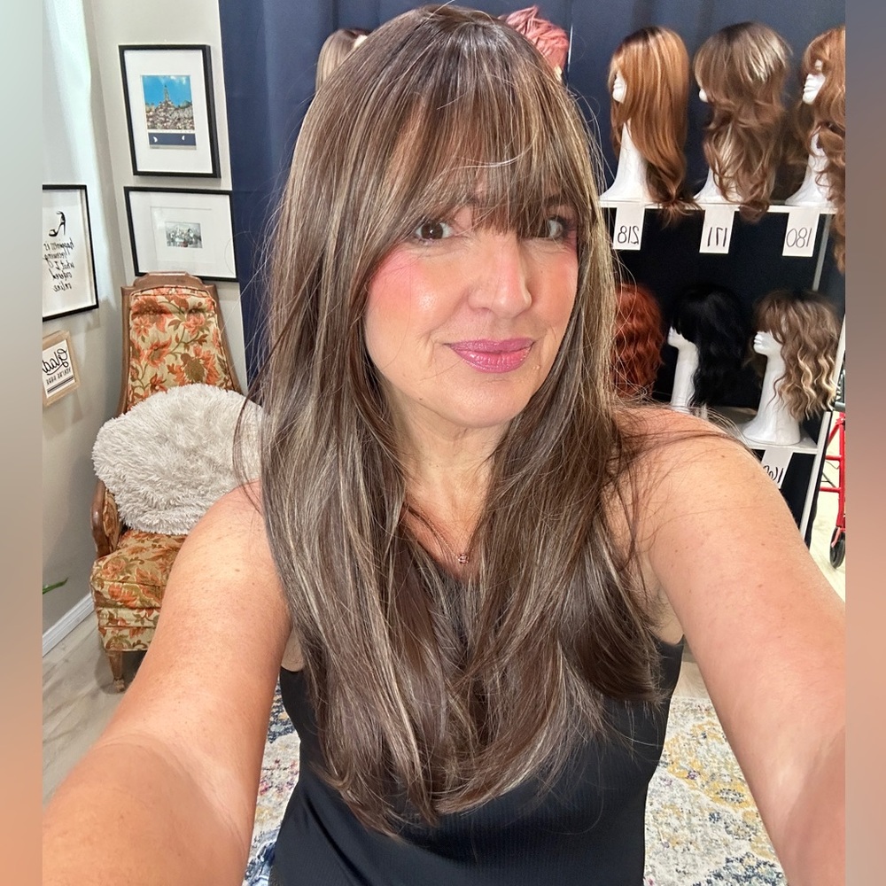 305 “the Estrella” milk chocolate brown wig with Bangs micro lite synthetic 22”